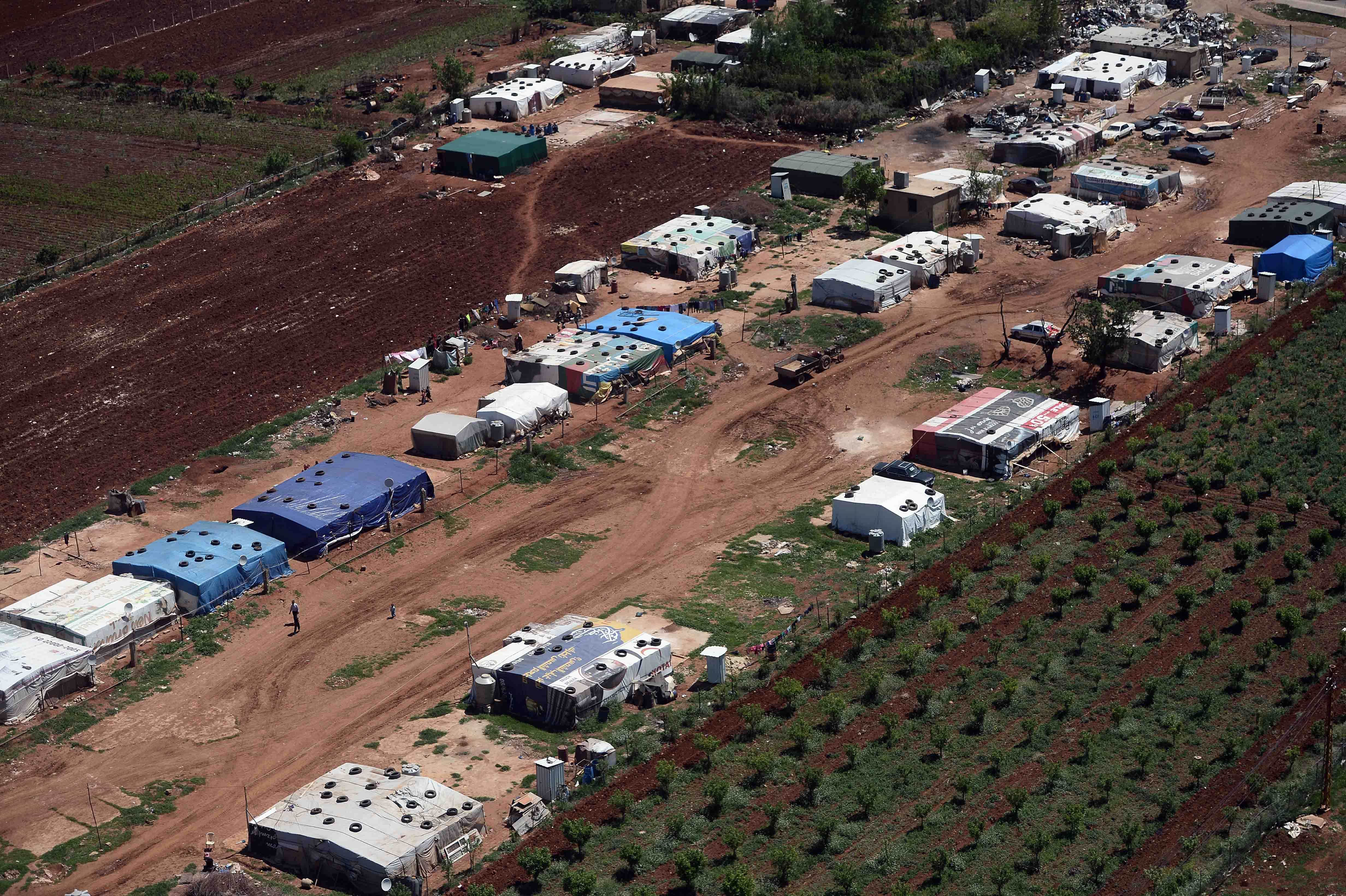 aerial view of an informal refugee camp in Lebanon's Bekaa Valley