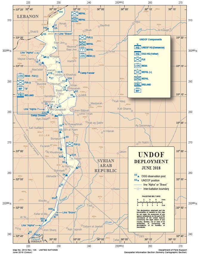 The United Nations / UNDOF, Map No. 2916 Rev.105, June 2018.
