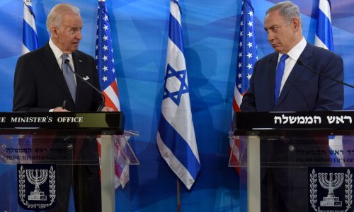 FILE PHOTO: U.S. Vice President Joe Biden (L) and Israeli Prime Minister Benjamin Netanyahu look at each other as they deliver joint statements during their meeting in Jerusalem March 9, 2016. REUTERS/Debbie Hill/Pool/File Photo