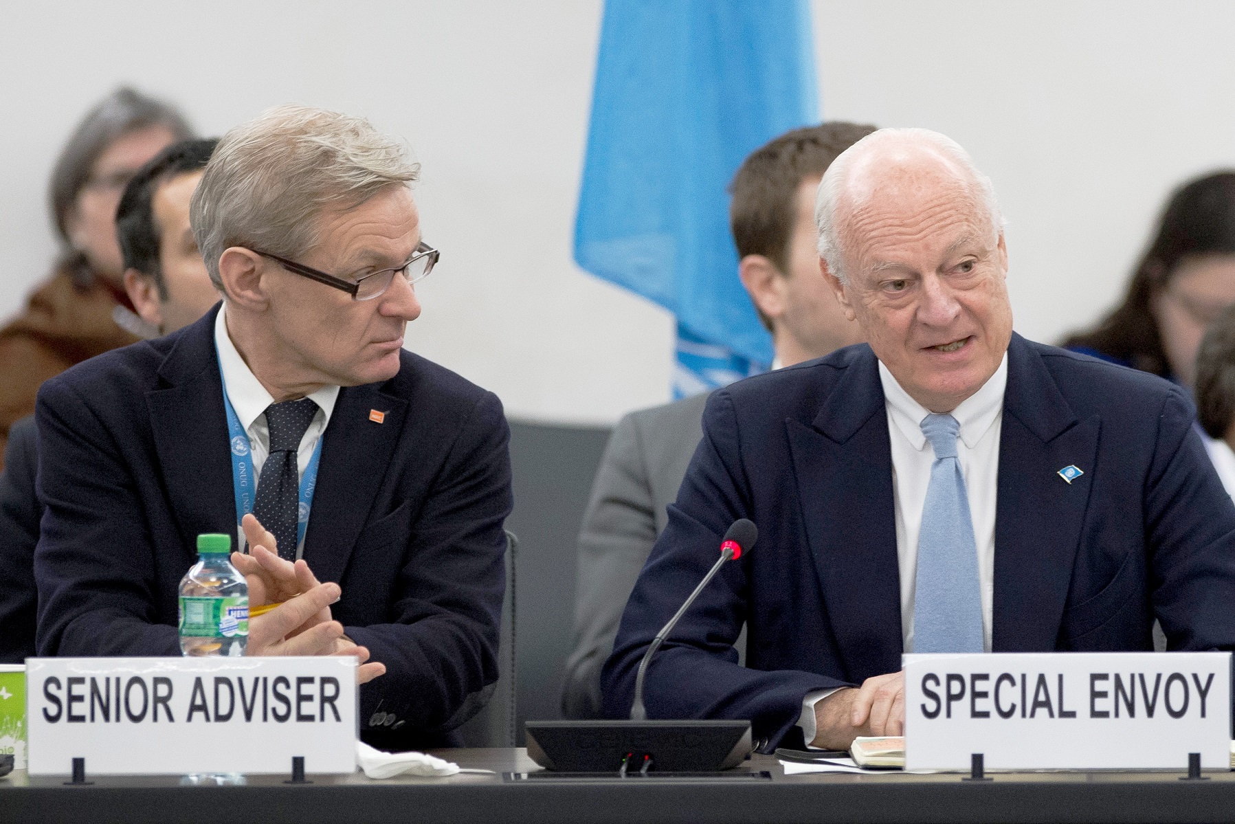 Jan Egeland (l), Senior Adviser to UN Special Envoy for Syria Staffan de Mistura (r), in a meeting with the International Syria Support Group (ISSG) during the talks in Geneva, February 25, 2016. Photo: Jean-Marc Ferre / United Nations / AFP