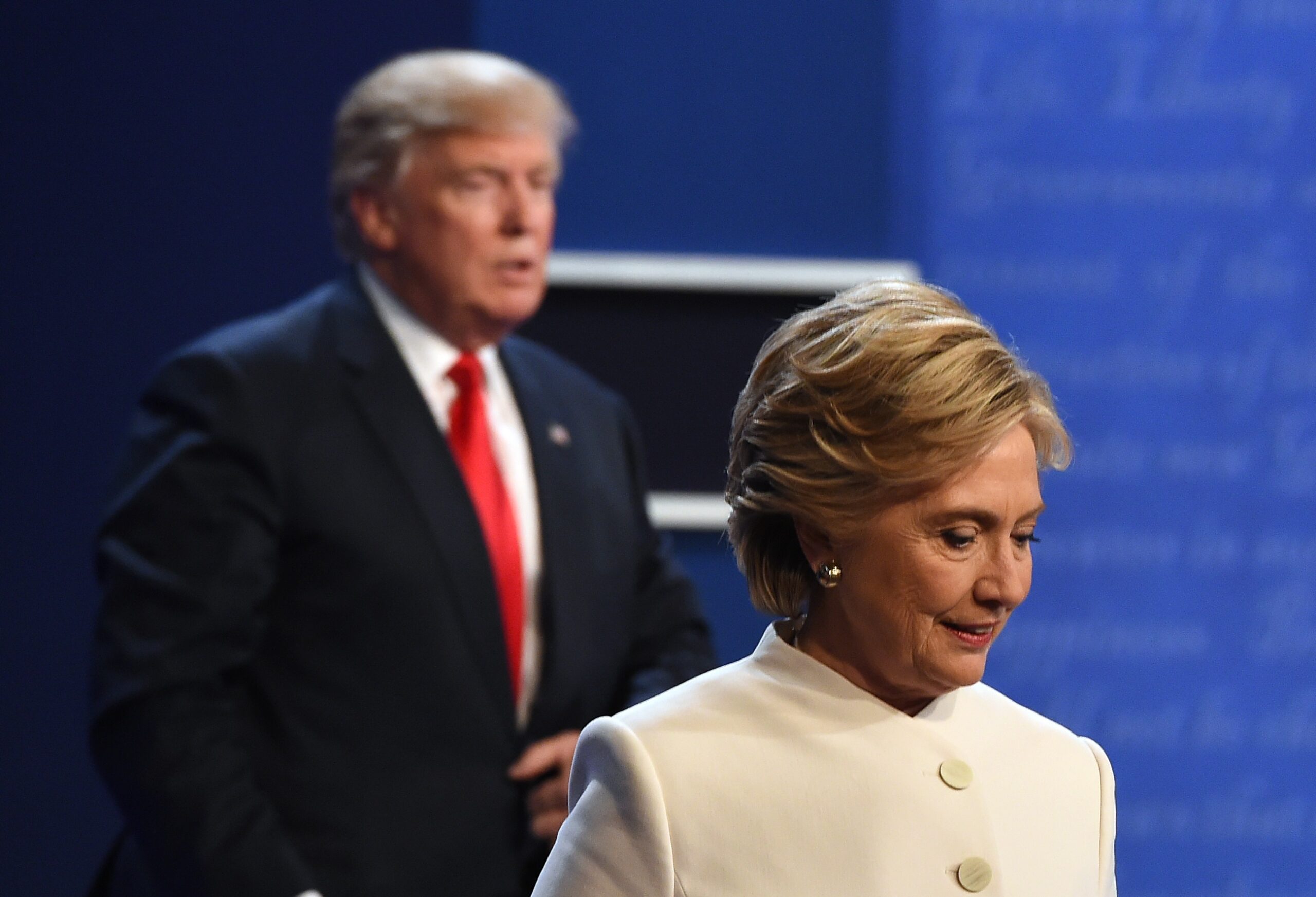 Presidential candidates Donald Trump and Hillary Clinton following their televised debate in Las Vegas, October 19, 2016. Photo: Robyn Beck / AFP