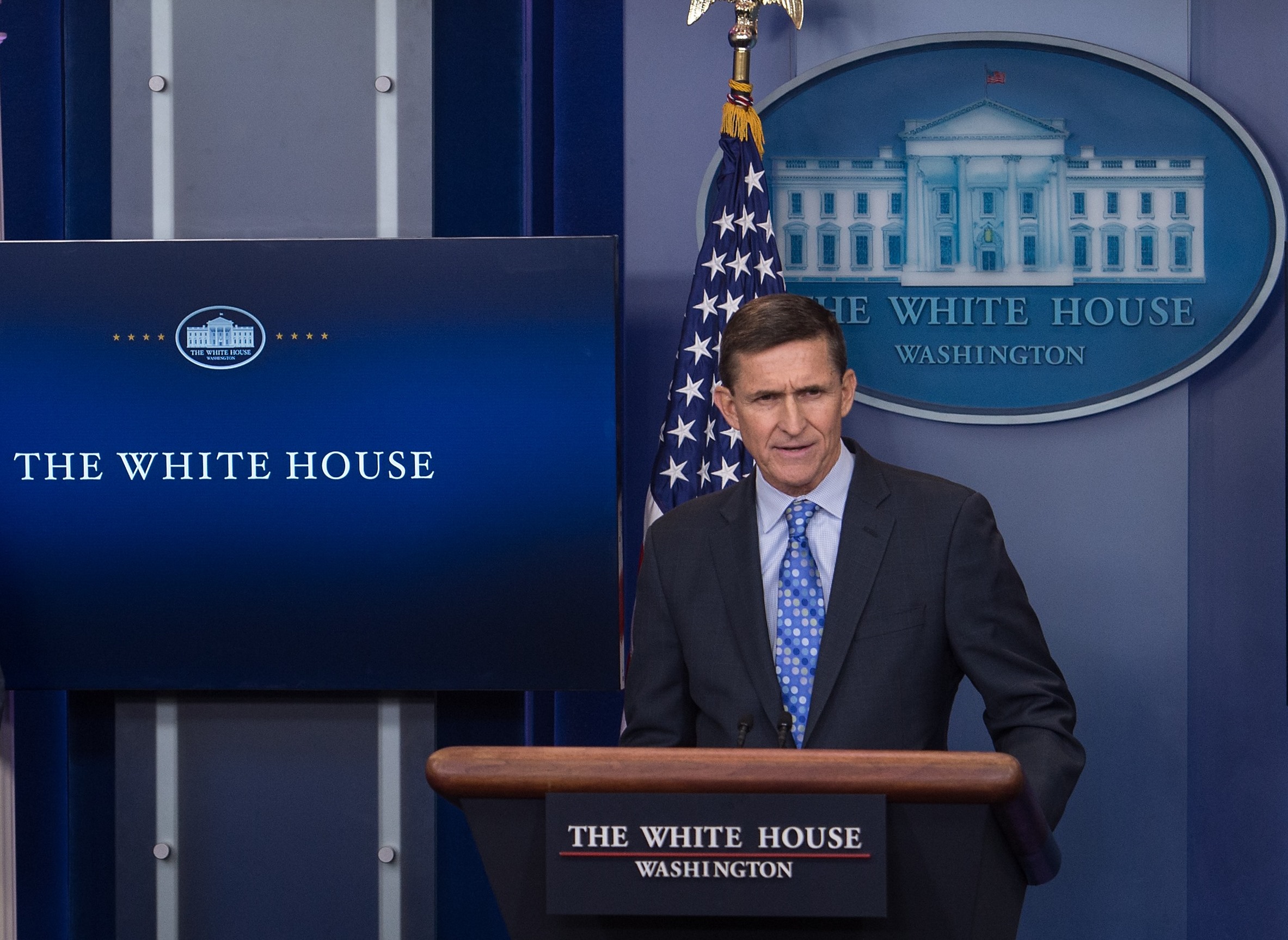 US National Security Adviser Mike Flynn speaks during the daily press briefing at the White House in Washington, DC, on February 1, 2017. NICHOLAS KAMM / AFP