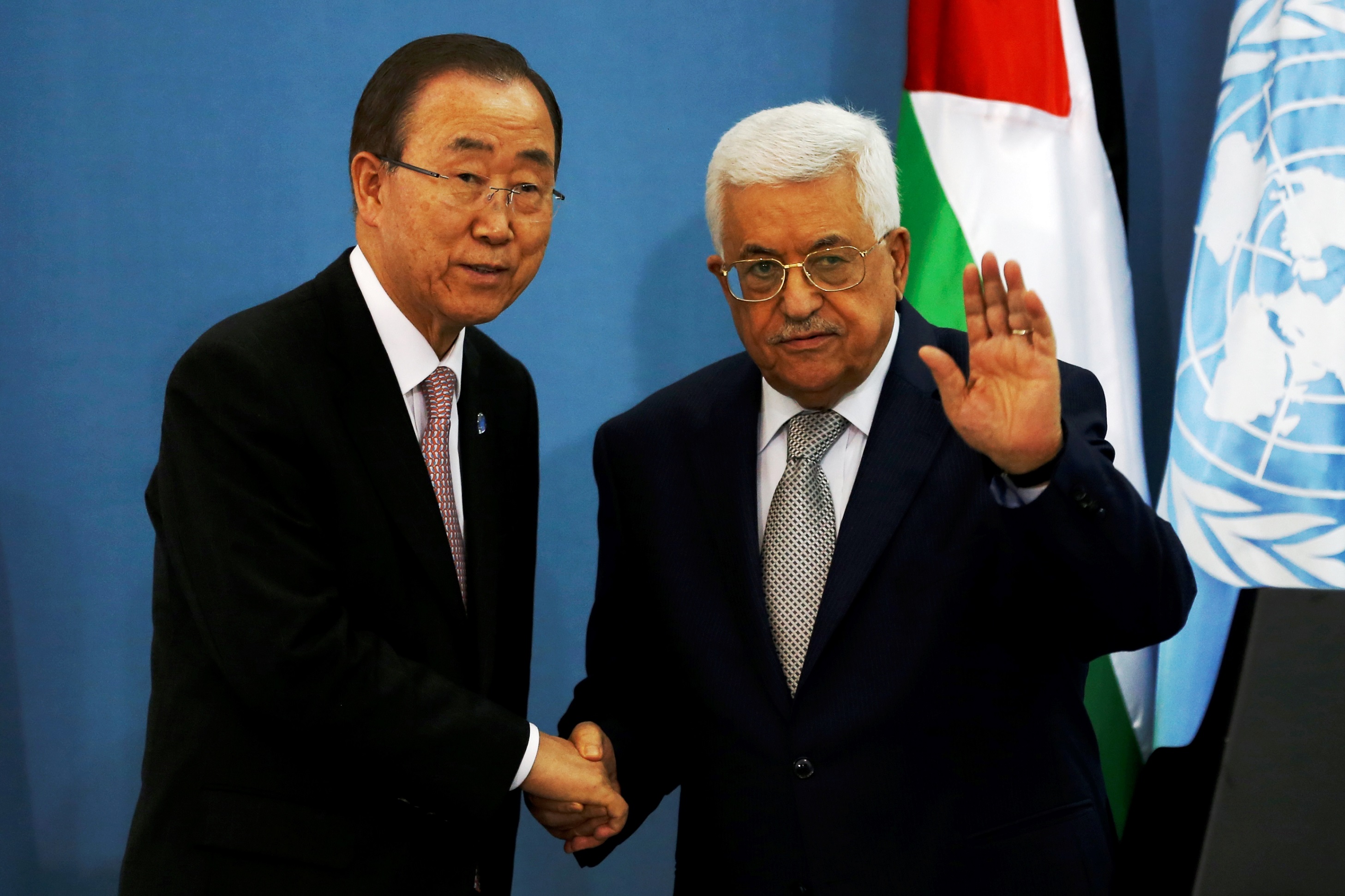 Then-UN Secretary General Ban Ki-moon (l) with Palestinian President Mahmoud Abbas, Ramallah, June 28, 2016. Photo: Abbas Momani / AFP