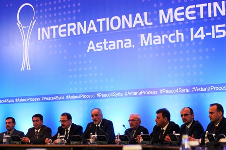 Bashar al-Jaafari, Syria's current Permanent Representative to the United Nations and head of the government delegation (4th from left), and other delegates at the third round of Syria peace talks, Kazakhstan, March 15, 2017. Photo: Stanislav Filippov / AFP