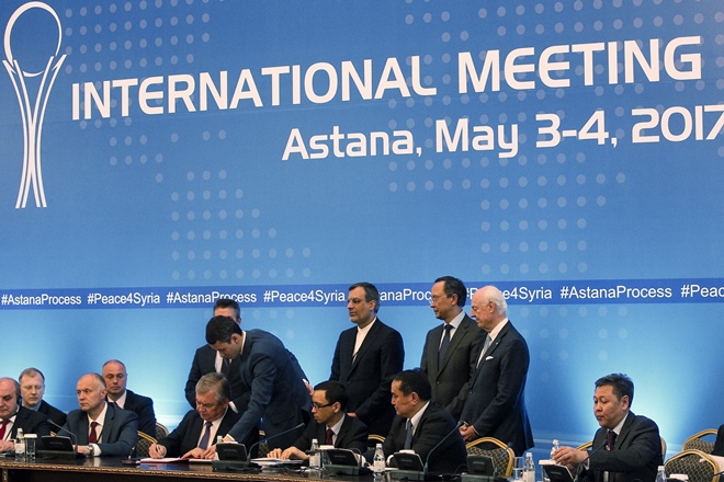 The signing of a memorandum on creating safe zones in Syria during the fourth round of Syria peace talks in Astana on May 4, 2017