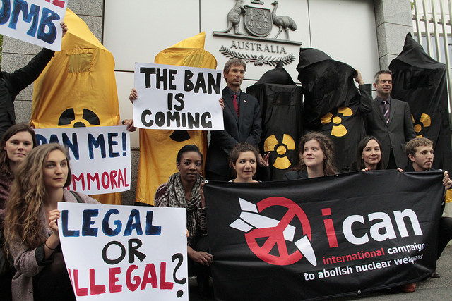 ICAN campaigners protest outside Australia's permanent mission to the UN at Geneva, during the May session of the UN open-ended working group on nuclear disarmament. Australia was among a handful of nations that voiced opposition to a ban on nuclear weapons.