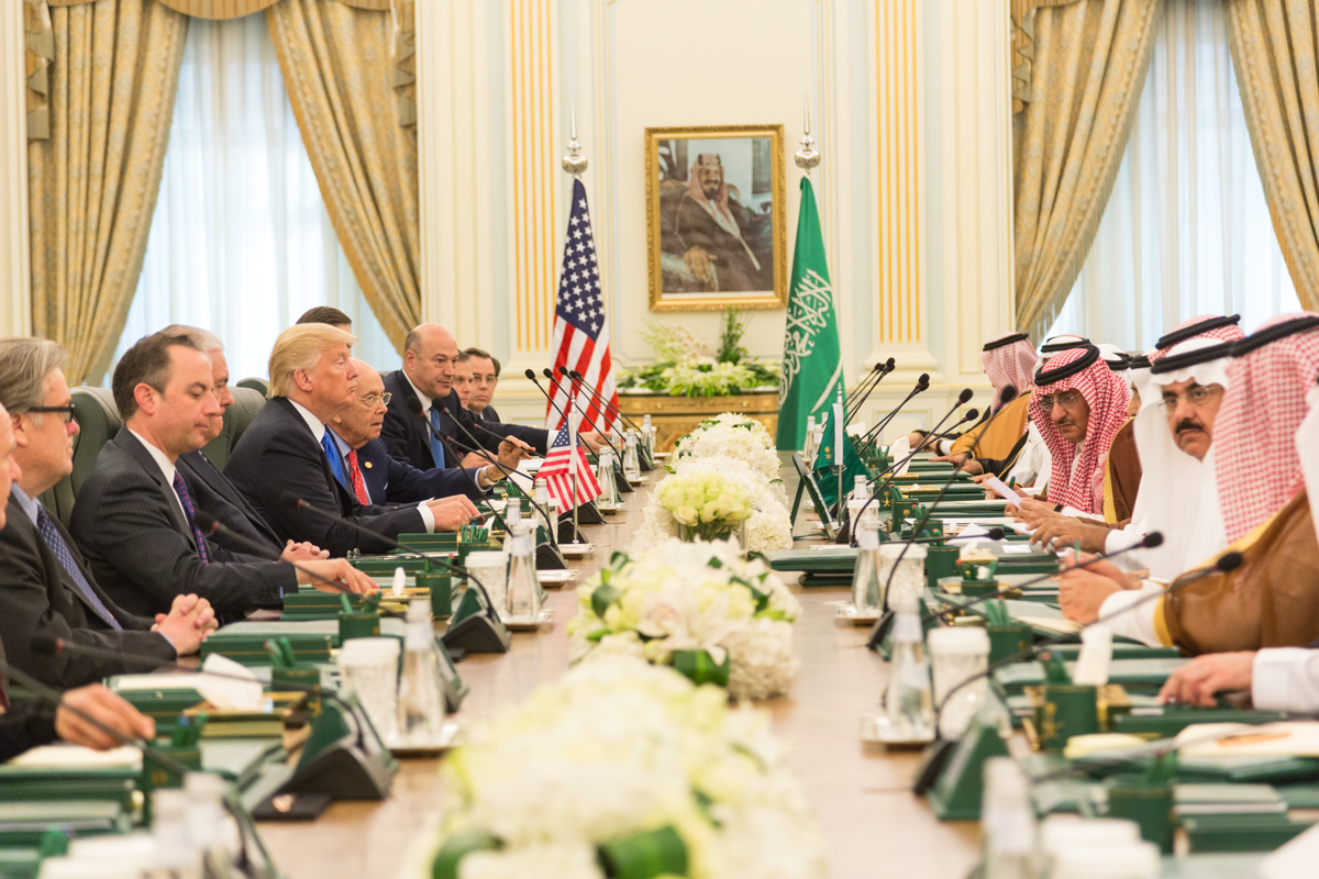 President Donald Trump and members of the U.S. delegation participate, Saturday, May 20, 2017, in a bilateral meeting with King Salman bin Abdulaziz Al Saud and Saudi Arabia officials at the Royal Court Palace in Riyadh, Saudi Arabia