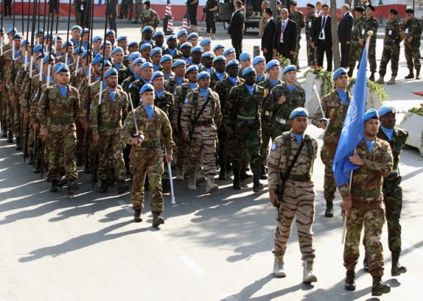 United Nations Interim Force in Lebanon (UNIFIL) soldiers march in a military parade during an official ceremony commemorating the country's 73rd independence day in the capital Beirut, on November 22, 2016.
