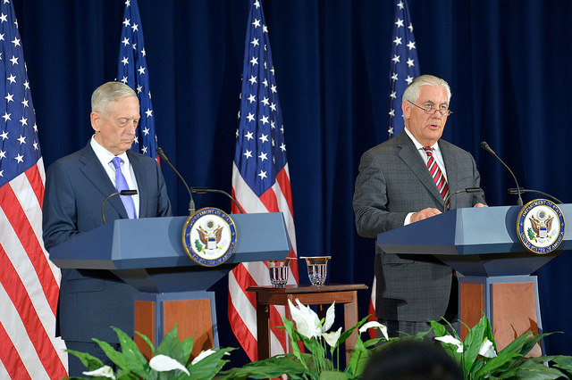 U.S. Secretary of State Rex Tillerson and U.S. Secretary of Defense James Mattis give remarks following the inaugural U.S.-China Diplomatic and Security Dialogue (D&SD) on June 21, 2017, at the U.S. Department of State in Washington, D.C