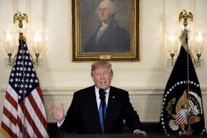 US President Donald Trump speaks about the Iran deal from the Diplomatic Reception room of the White House in Washington, DC, on October 13, 2017.