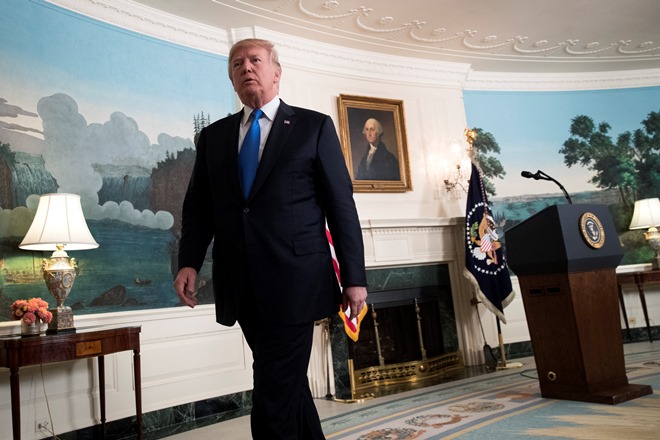 U.S. President Donald Trump leaves the podium after making a statement on the administration's strategy for dealing with Iran, in the Diplomatic Reception Room in the White House, October 13, 2017 in Washington, DC.