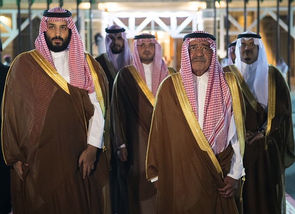 Saudi Crown Prince and Defense Minister of Saudi Arabia Mohammad bin Salman al-Saud (L) and Saudi Prince Muqrin bin Abdulaziz (R) wait to welcome King of Saudi Arabia Salman bin Abdulaziz Al Saud (not seen) at King Salman Air Base Airport in Riyadh, Saudi Arabia on November 11, 2017.