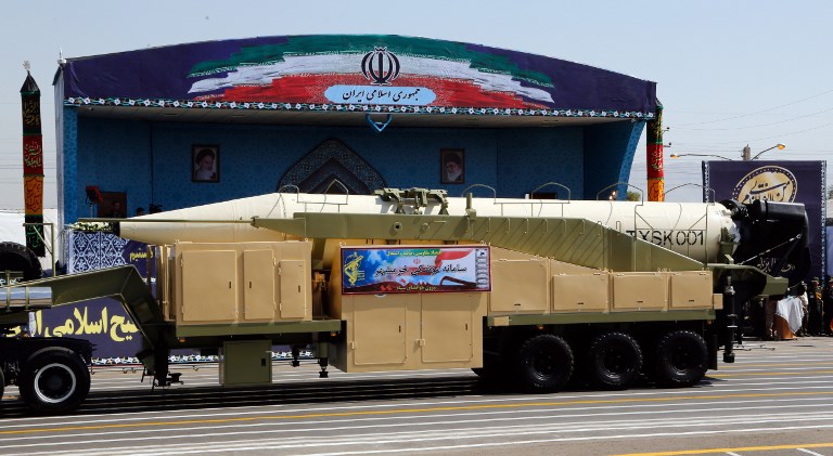 The new Iranian long range missile Khoramshahr is displayed during the annual military parade marking the anniversary of the outbreak of its devastating 1980-1988 war with Saddam Hussein's Iraq, on September 22,2017 in Tehran,