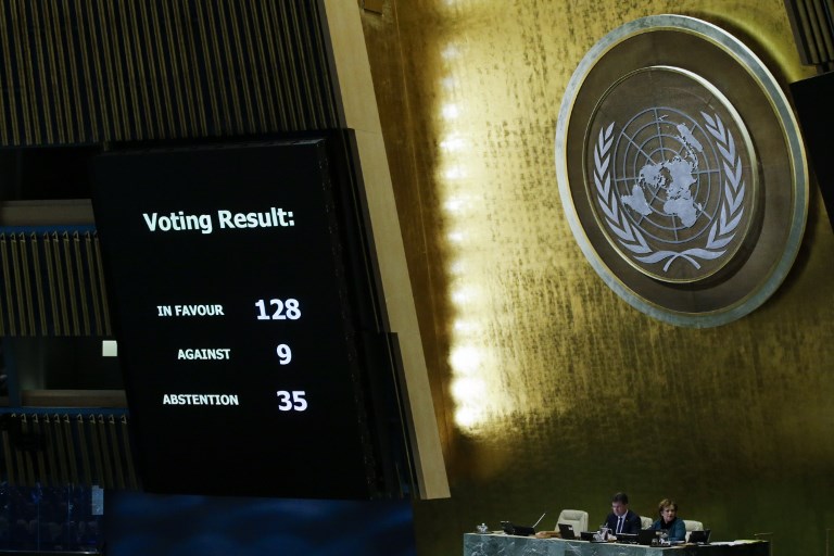The results of the vote on Jerusalem are seen on a display board at the General Assembly hall, on December 21, 2017, at UN Headquarters in New York.