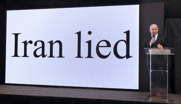 Israeli Prime Minister Benjamin Netanyahu delivers a speech on Iran's nuclear program at the defence ministry in Tel Aviv on April 30, 2018.