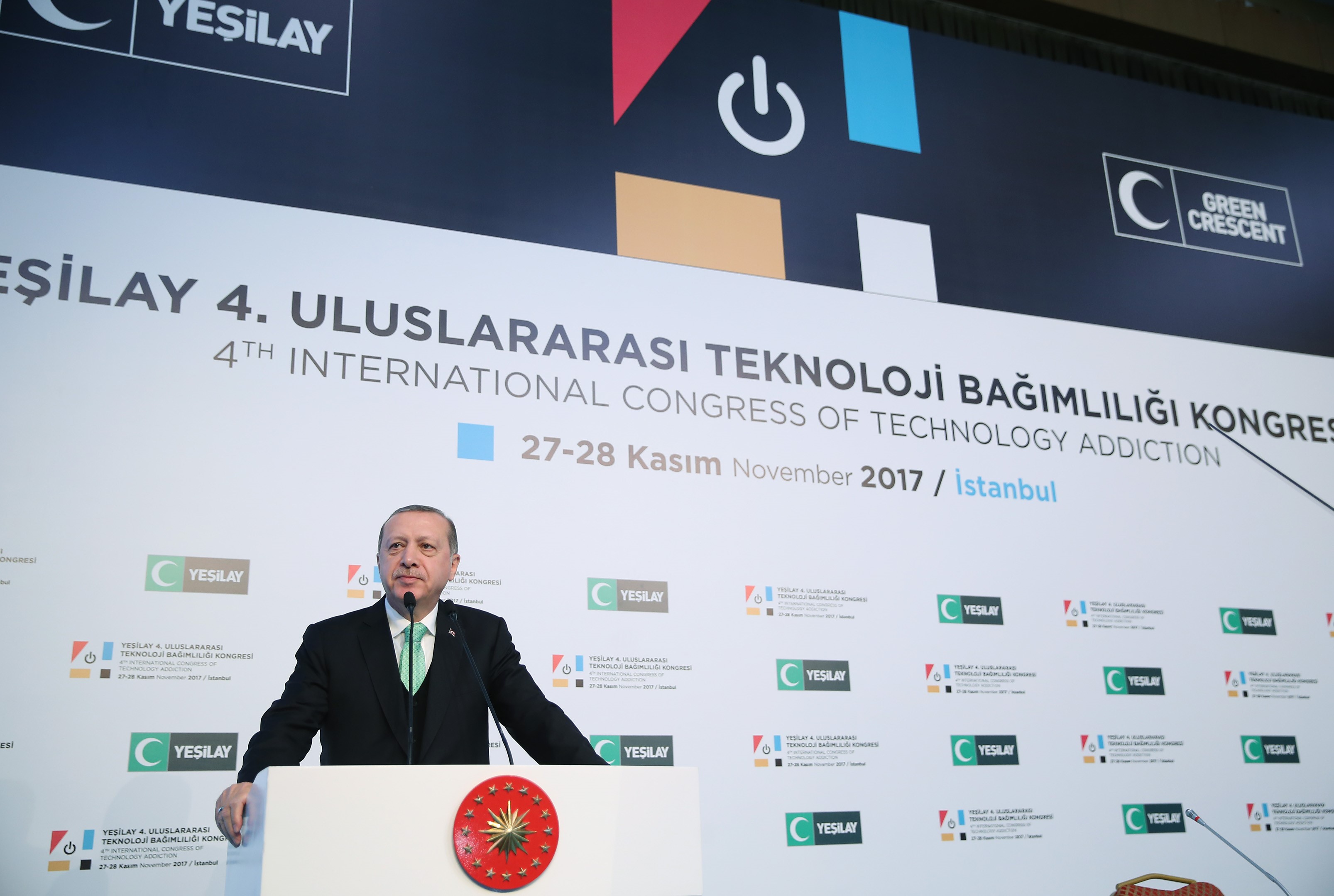 President of Turkey, Recep Tayyip Erdogan gives a speech during the 4th International Congress of Technology Addiction, held by Green Crescent in Istanbul, Turkey on November 27, 2017.