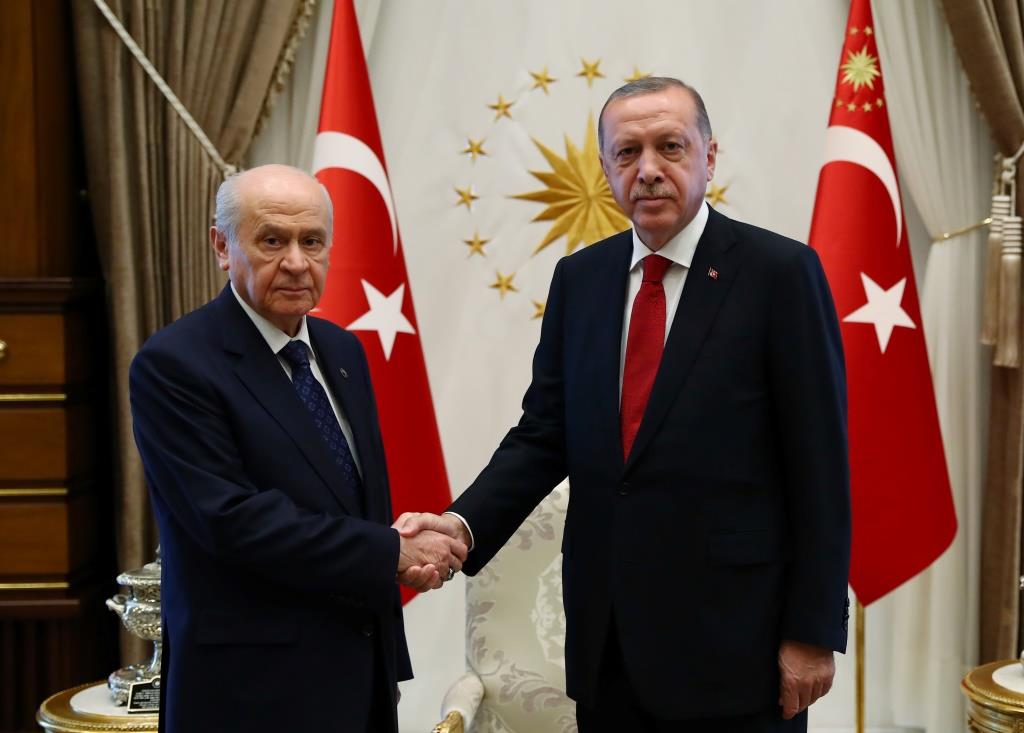 Turkish President Tayyip Erdogan meets with Nationalist Movement Party (MHP) leader Devlet Bahceli in Ankara, Turkey, June 27, 2018.