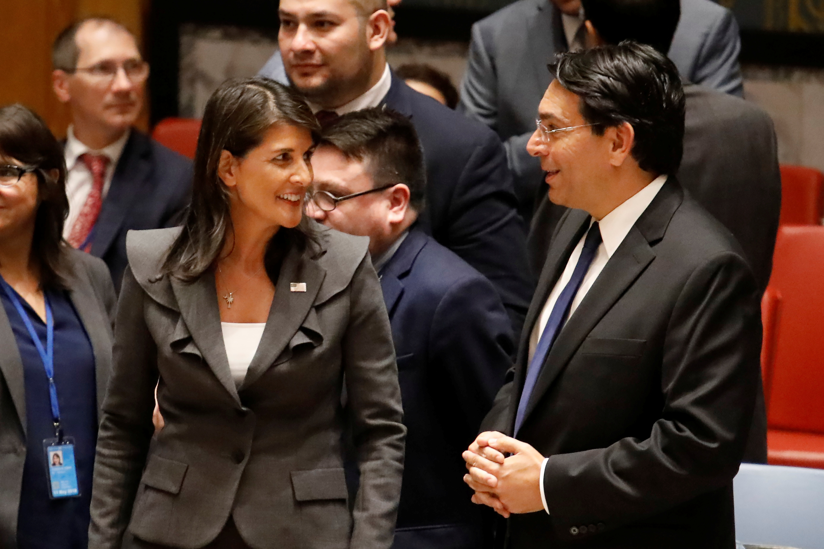 U.S. Ambassador to the United Nations Nikki Haley speaks with Israeli Ambassador to the United Nations Danny Danon before a Security Council vote on an Arab-backed resolution for protection of Palestinian civilians during a Security Council meeting at U.N. headquarters in Manhattan, New York, U.S., June 1, 2018.