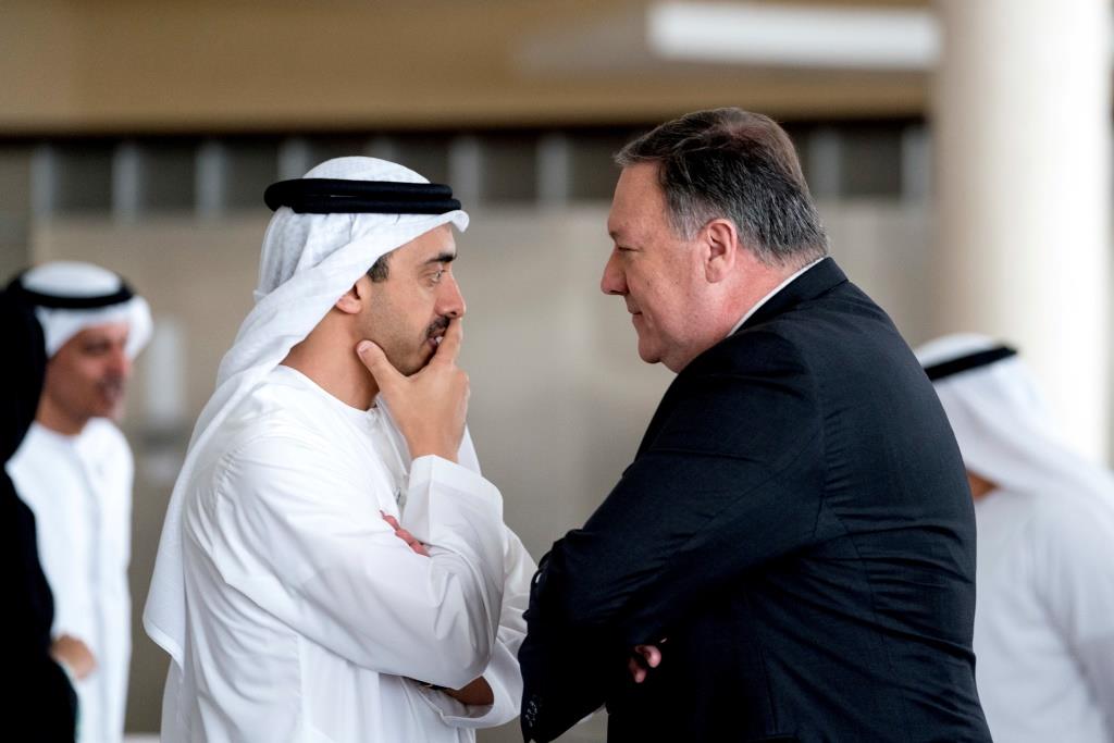 U.S. Secretary of State Mike Pompeo and United Arab Emirates Foreign Minister Sheikh Abdullah bin Zayed Al Nahyan talk as they meet at the Al Shati Palace in Abu Dhabi, United Arab Emirates, July 10, 2018.