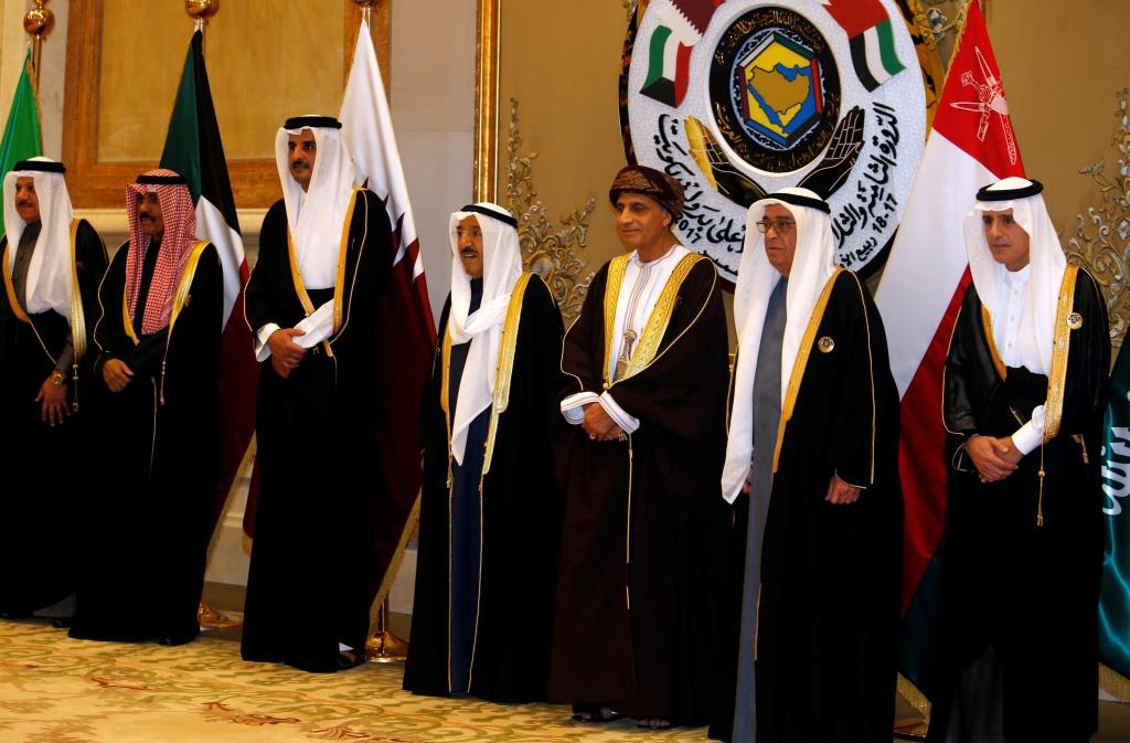 Saudi Foreign Minister Adel al-Jubeir, Bahrain's Deputy Prime Minister Mohammed bin Mubarak Al Khalifa, Oman's Deputy Prime Minister Fahad bin Mahmood, Emir of Kuwait Sabah Al-Ahmad Al-Jaber Al-Sabah and Emir of Qatar Sheikh Tamim bin Hamad al-Thani pose for a family photo during the annual summit of the Gulf Cooperation Council (GCC) in Kuwait City, Kuwait, December 5, 2017.