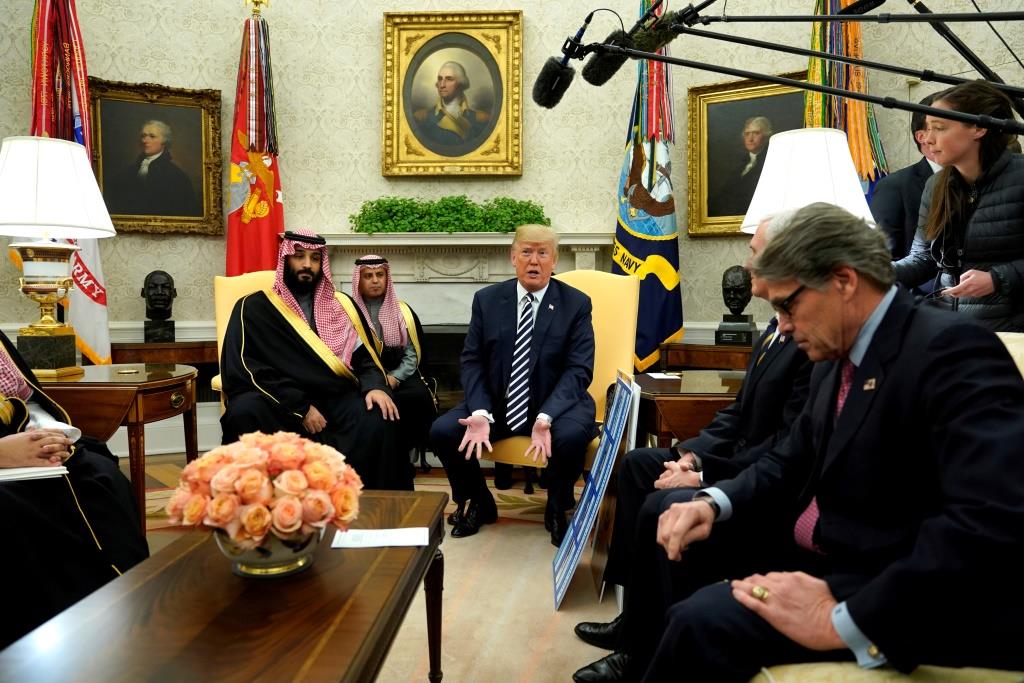 U.S. President Donald Trump welcomes Saudi Arabia's Crown Prince Mohammed bin Salman in the Oval Office at the White House in Washington, U.S. March 20, 2018.