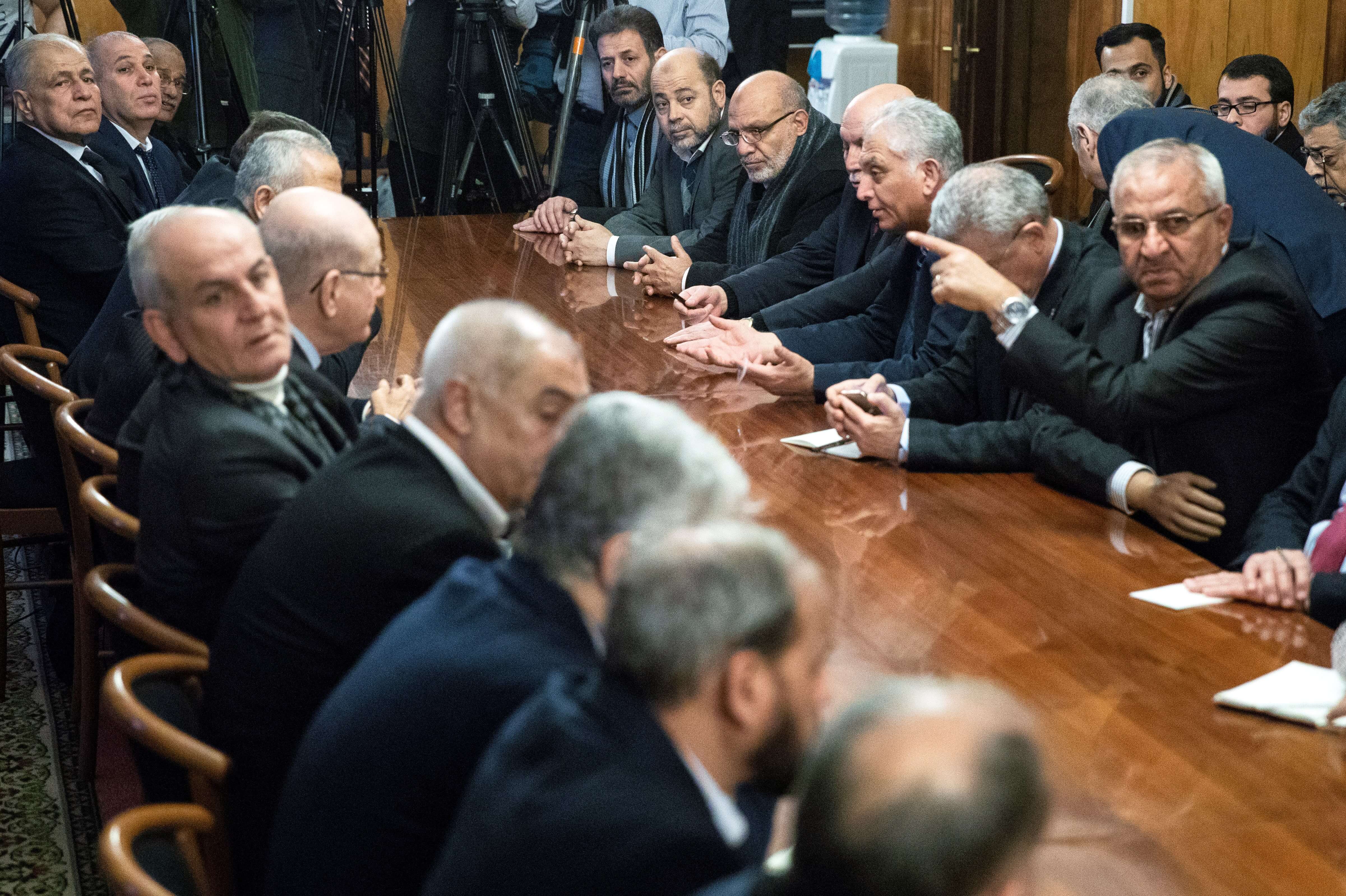 Fatah and Hamas officials wait for a meeting with Russian Foreign Minister Sergei Lavrov and representatives of Palestinian groups and movements as a part of an intra-Palestinian talks in Moscow, Russia February 12, 2019.