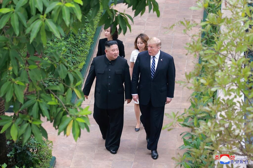 North Korea's leader Kim Jong Un walks with U.S. President Donald Trump during the second North Korea-U.S. summit in Hanoi, Vietnam. March 1, 2019