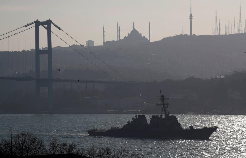 The U.S. Navy Arleigh Burke-class guided-missile destroyer USS Donald Cook (DDG 75) sets sail in the Bosphorus, on its way to the Mediterranean Sea, in Istanbul, Turkey March 1, 2019.
