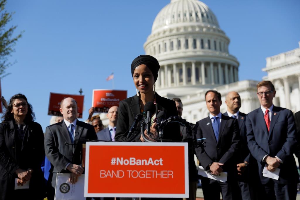 Rep. Ilhan Omar speaks about Trump administration policies towards Muslim immigrants at a news conference by members of the U.S. Congress outside the U.S. Capitol in Washington, April 10, 2019.