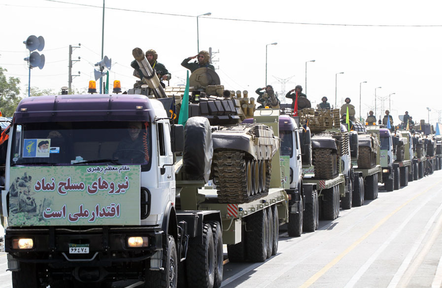 Army of the Guardians of the Islamic Revolution exhibits it's main battle tanks during Sacred Defence Week parade. 21 September 2012.