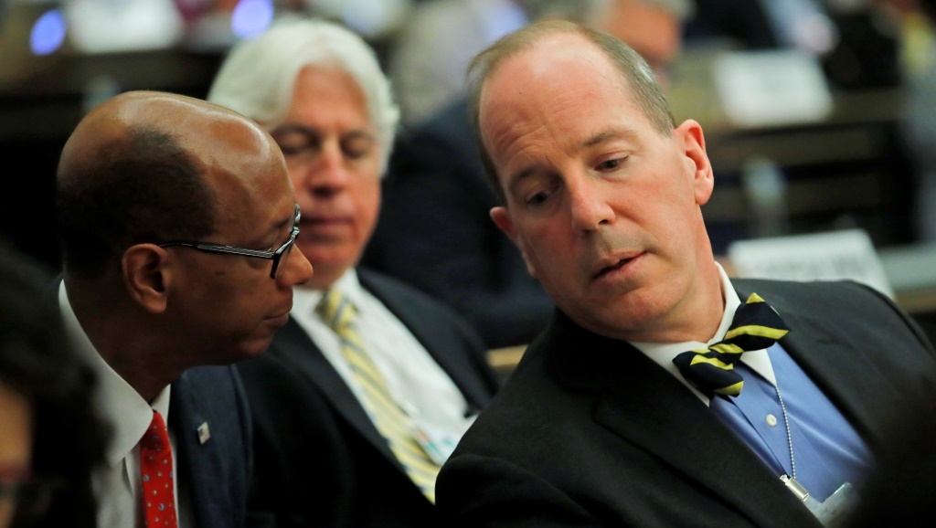 U.S. Assistant Secretary for International Security Christopher A. Ford (R) listens to U.S. Ambassador to the Conference on Disarmament Robert Wood during the 2nd Preparatory session of the 2020 Non Proliferation Treaty (NPT) Review Conference at the United Nations in Geneva, Switzerland April 23, 2018.
