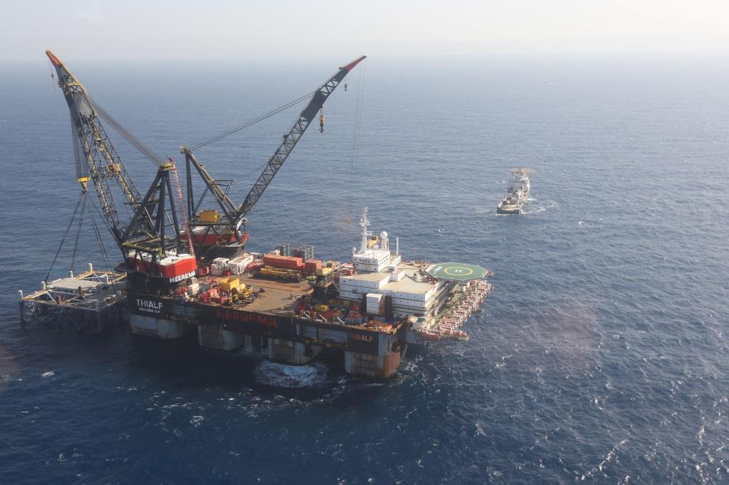 An aerial view shows the newly arrived foundation platform of Leviathan natural gas field, in the Mediterranean Sea, off the coast of Haifa, Israel January 31, 2019.