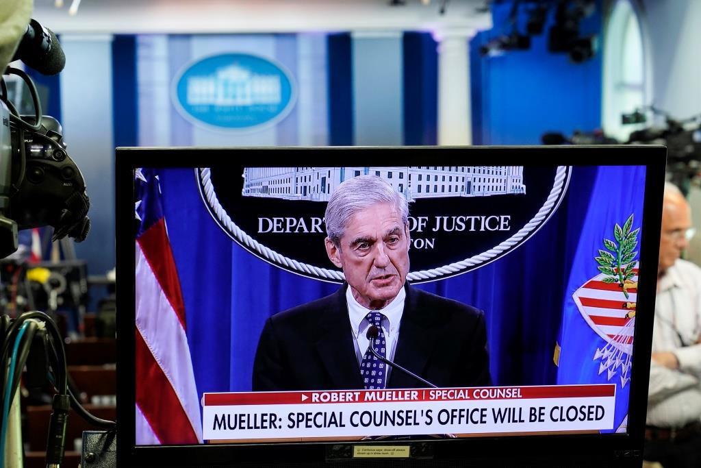 Special Council Robert Mueller is shown speaking on a monitor about his report into Russia’s role in the 2016 U.S. election in the Briefing Room of the White House in Washington, U.S., May 29, 2019.