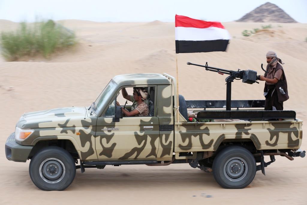 Pro-government soldiers patrol an area taken by government forces during recent clashes with southern separatists west of Ataq of the Shabwa province, Yemen August 26, 2019.