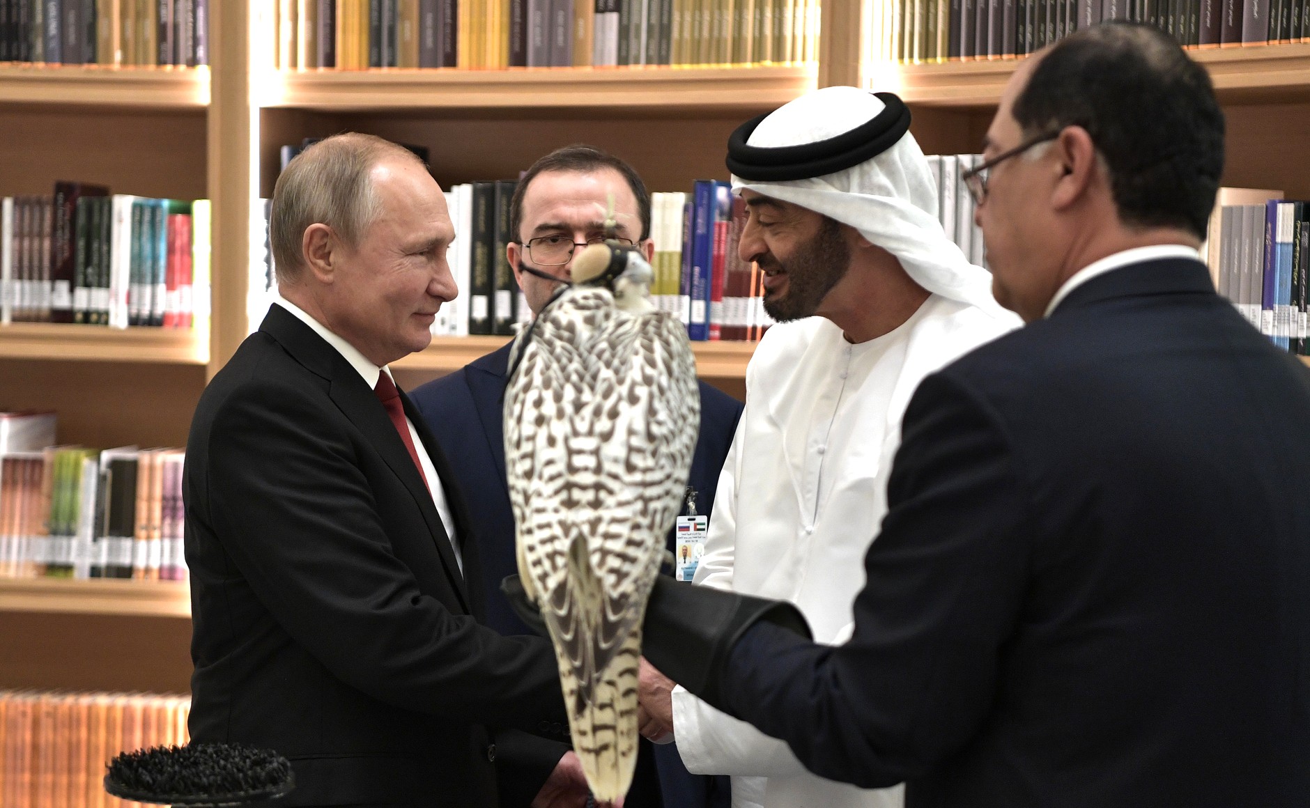 Vladimir Putin presents a white gyrfalcon to Crown Prince of Abu Dhabi and Deputy Supreme Commander of the UAE Armed Forces Mohammed bin Zayed Al Nahyan. Abu Dhabi, October 15, 2019