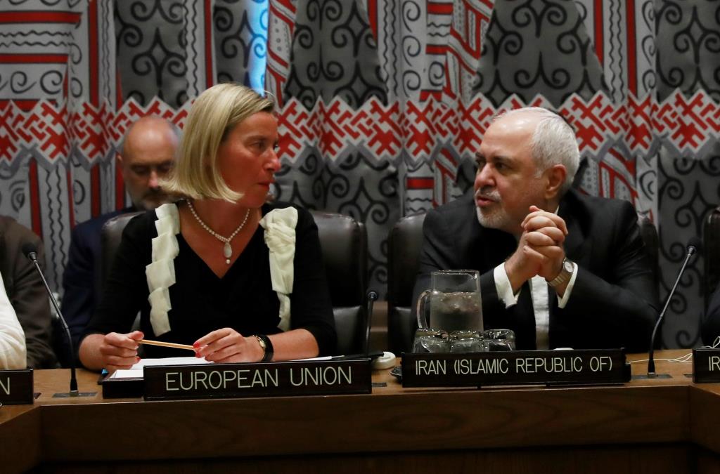 Federica Mogherini, High Representative for Foreign Affairs and Security Policy and Vice-President of the European Commission, speaks with Iran's Foreign Minister Javad Zarif during a meeting among remaining parties to the Iran nuclear deal at United Nations headquarters in New York City, New York, U.S., September 25, 2019.