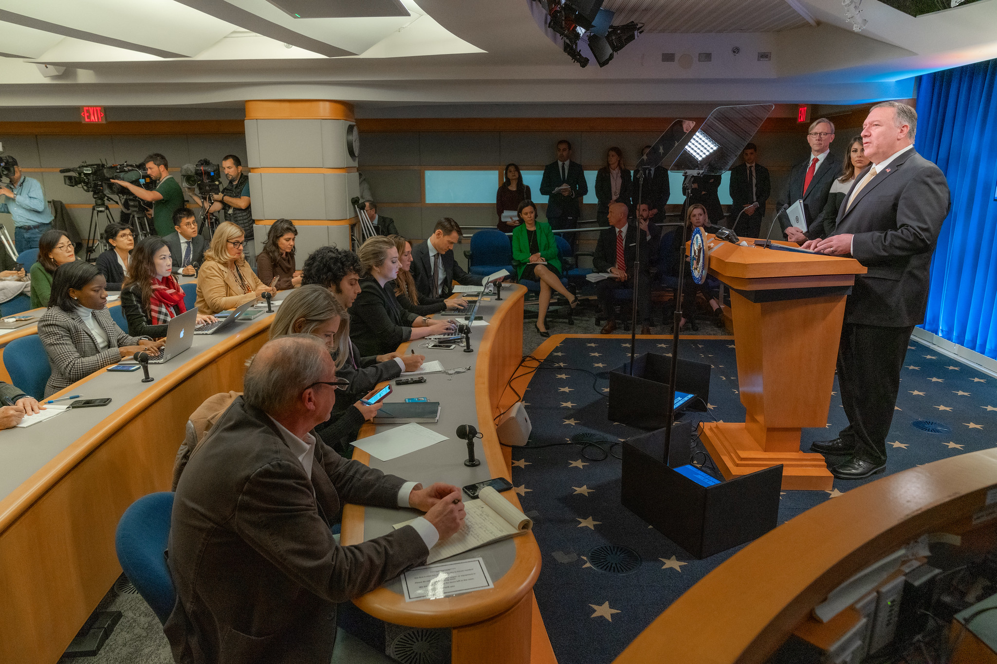 U.S. Secretary of State Michael R. Pompeo speaks to the press at the Department of State in Washington D.C. on November 18, 2019.