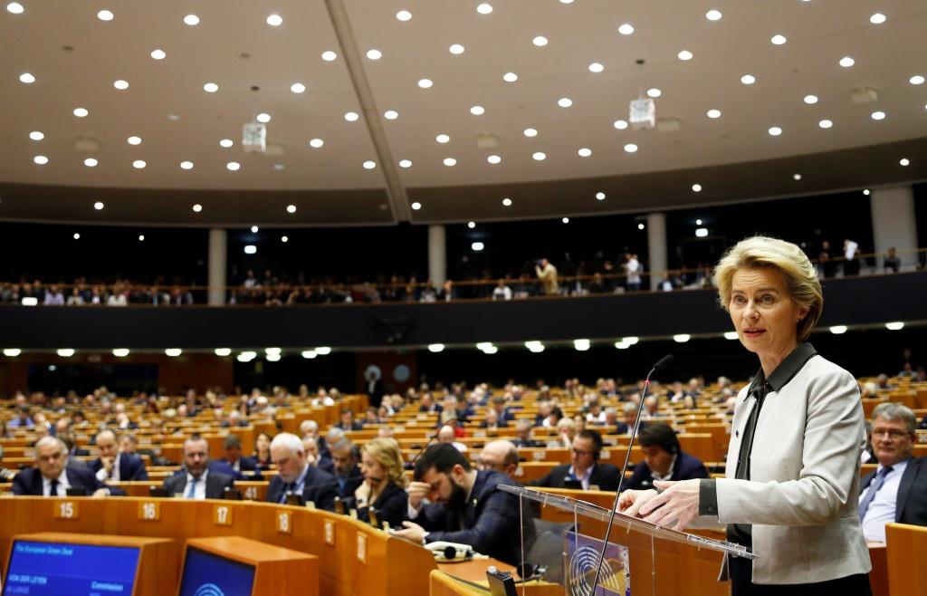 European Commission President Ursula von der Leyen speaks during an extraordinary session to present a Green Deal plan, at the European Parliament in Brussels, Belgium December 11, 2019.