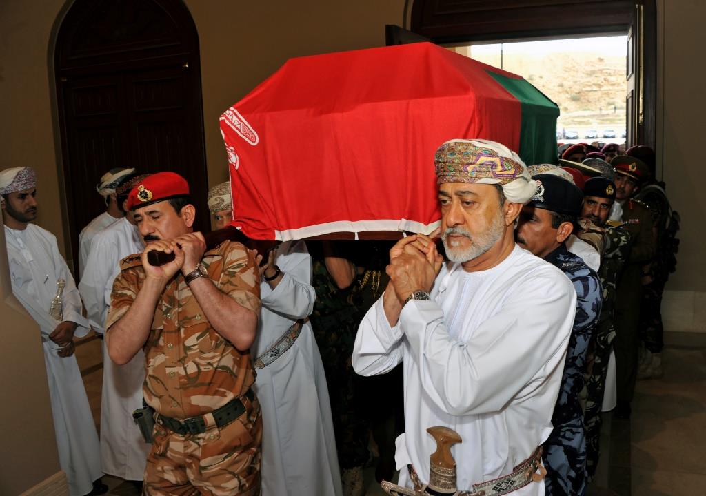 Oman's newly sworn-in Sultan Haitham bin Tariq al-Said carries the coffin of his cousin, the late Sultan Qaboos, during the funeral in Muscat, Oman January 11, 2020.