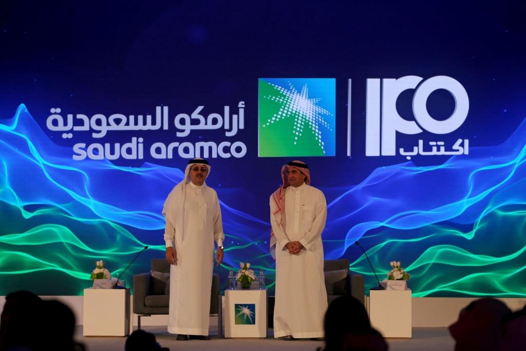 Yasser al-Rumayyan, Saudi Aramco's chairman, and Amin H. Nasser, president and CEO of Aramco, attend a news conference at the Plaza Conference Center in Dhahran, Saudi Arabia November 3, 2019.