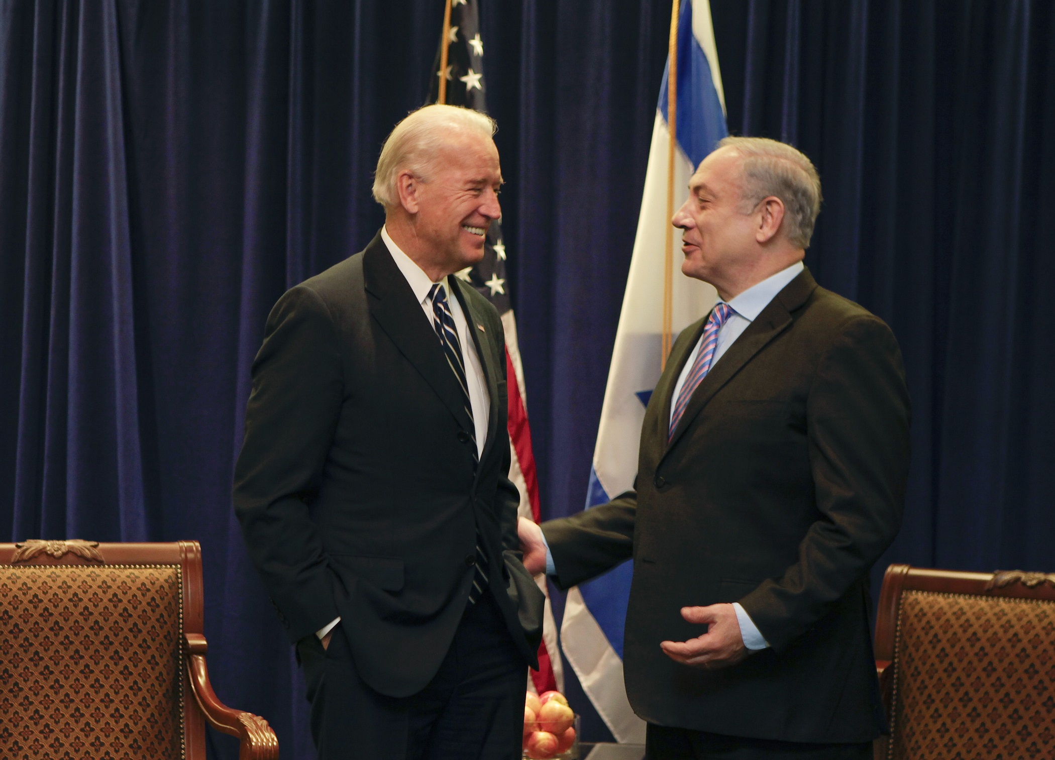U.S. Vice President Joe Biden speaks with Israel's Prime Minister Benjamin Netanyahu during a meeting on Middle East security in New Orleans, Louisiana