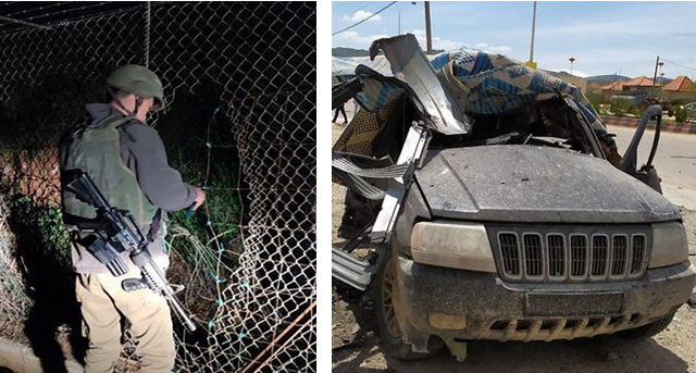 Breach of the Israel-Lebanon border fence (left), and vehicle in Lebanon following an attack attributed to Israel (right)