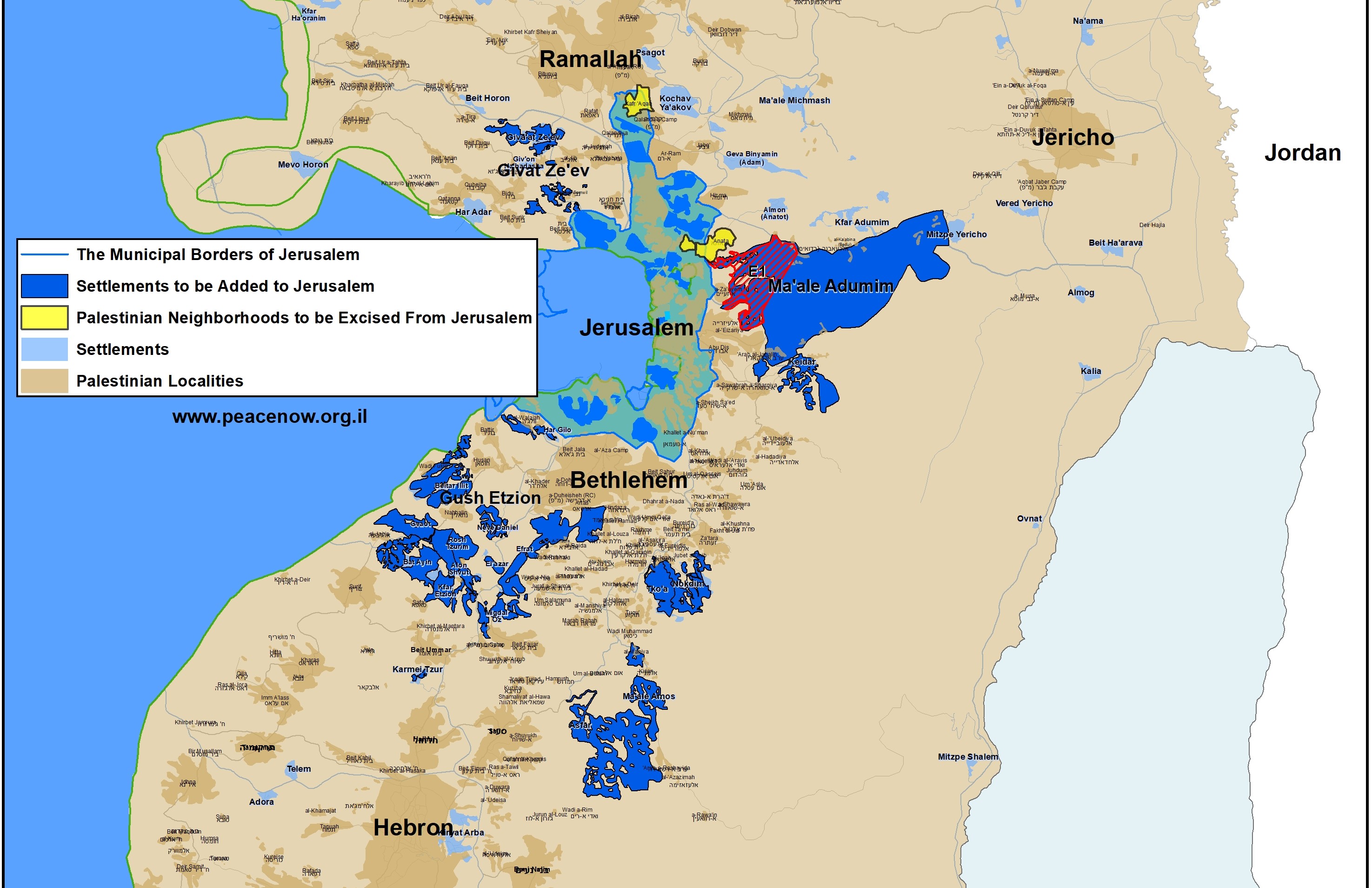 Annexation map of Jerusalem area settlement blocs.