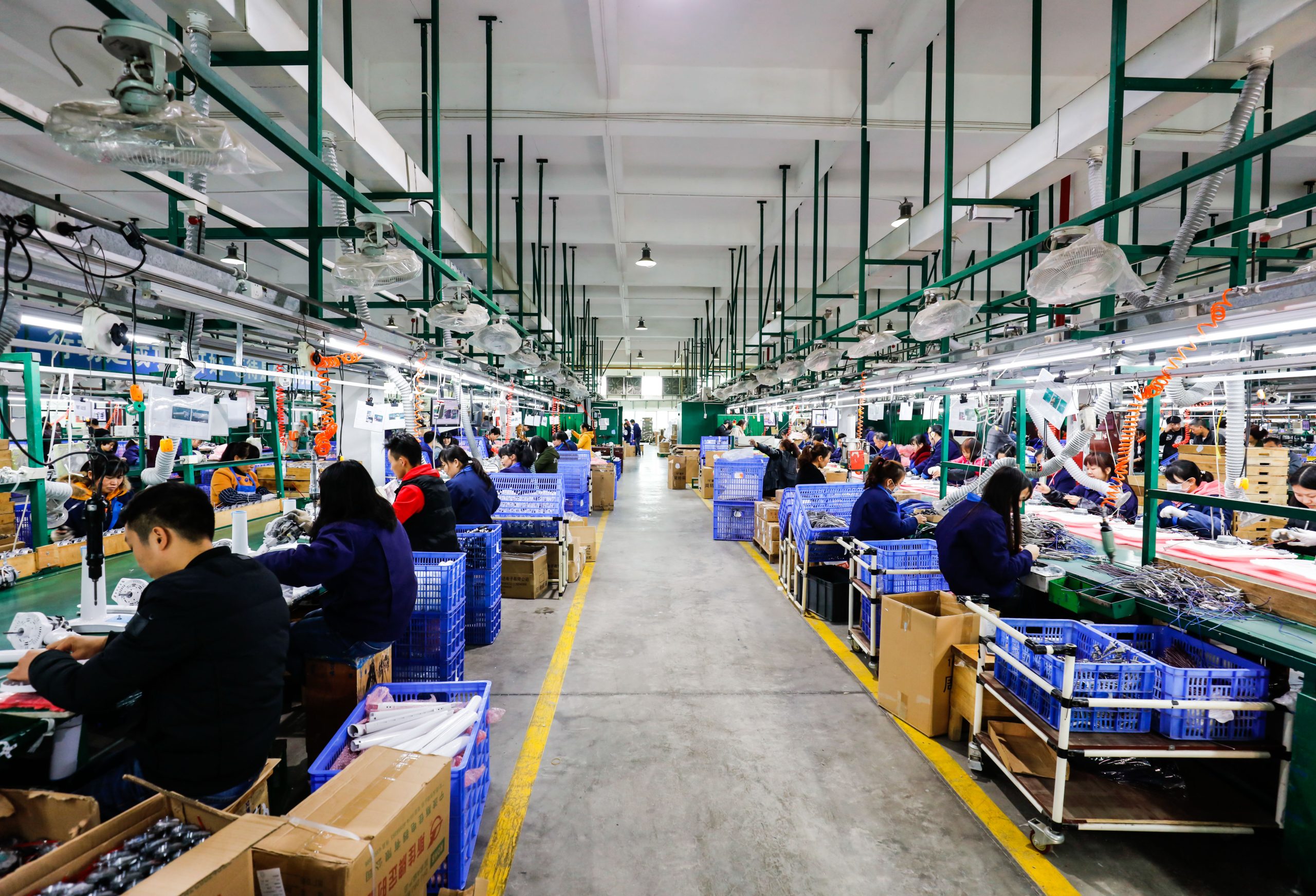 A global technology war is underway, manifested in a clash between the United States and China and their competing technology strategies. Electronics factory in eastern China.