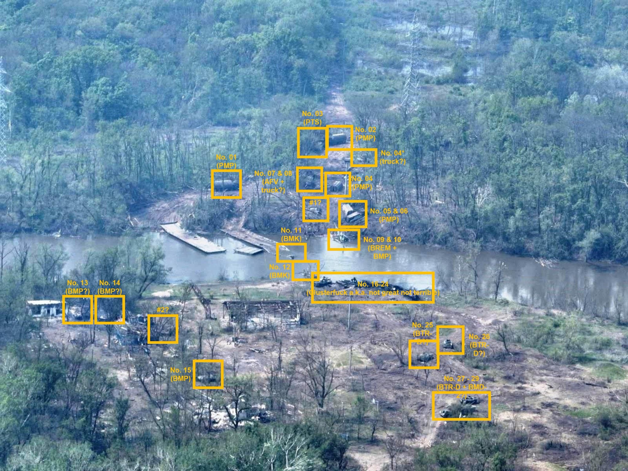 The destroyed Russian tanks and the demolished bridge in Donbas, Ukraine |